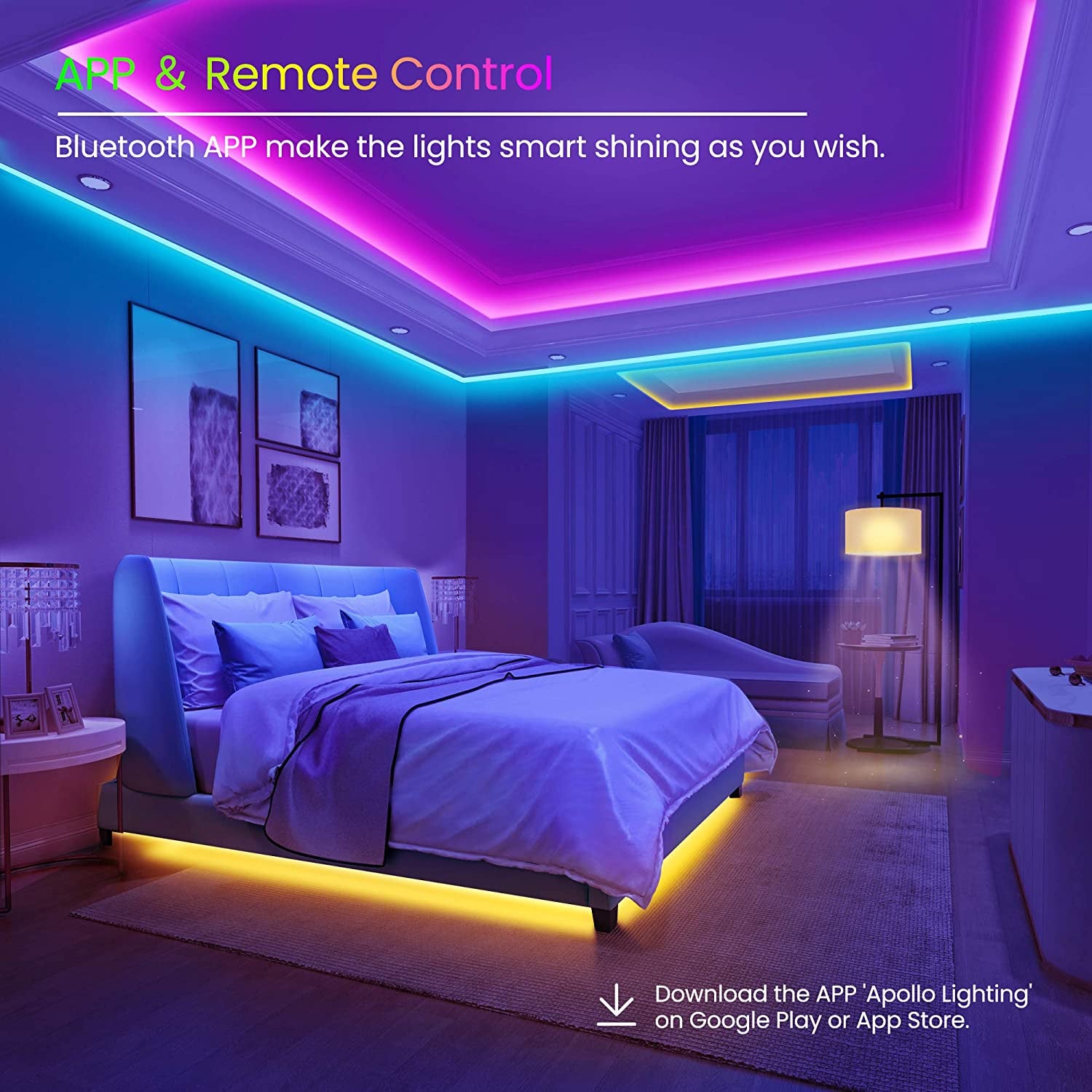 Colorful 50ft LED Strip Lights with Bluetooth Music Sync - Control with App or Remote!