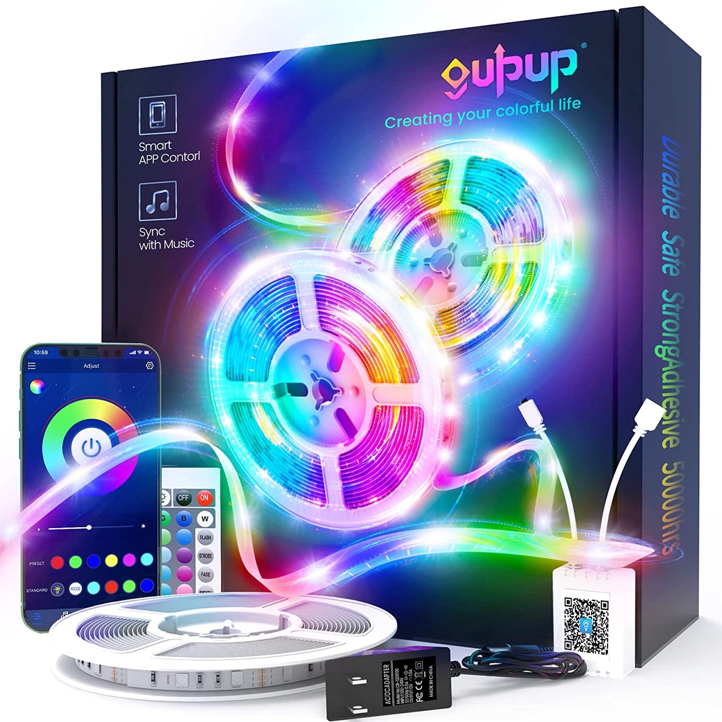 Colorful 50ft LED Strip Lights with Bluetooth Music Sync - Control with App or Remote!