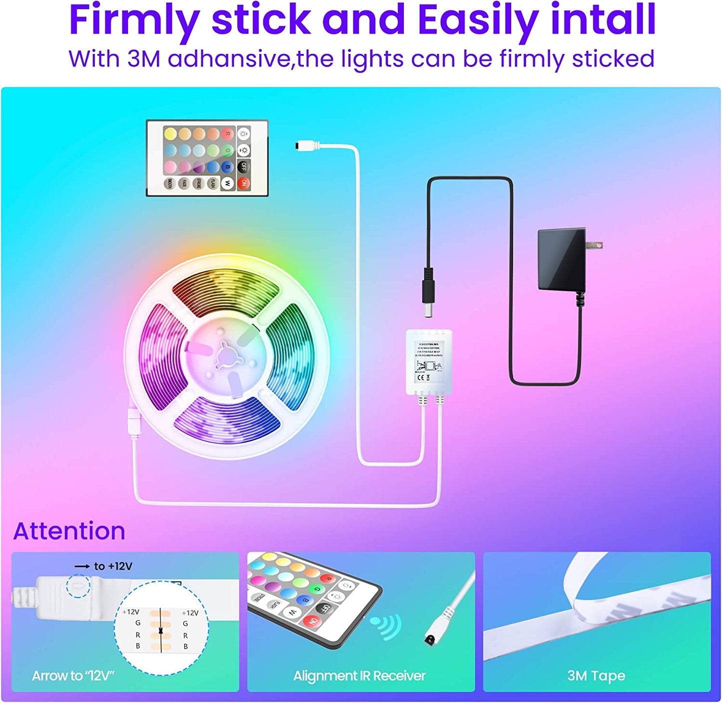 Colorful 50ft LED Strip Lights with Bluetooth Music Sync - Control with App or Remote!