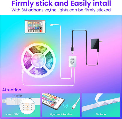 Colorful 50ft LED Strip Lights with Bluetooth Music Sync - Control with App or Remote!