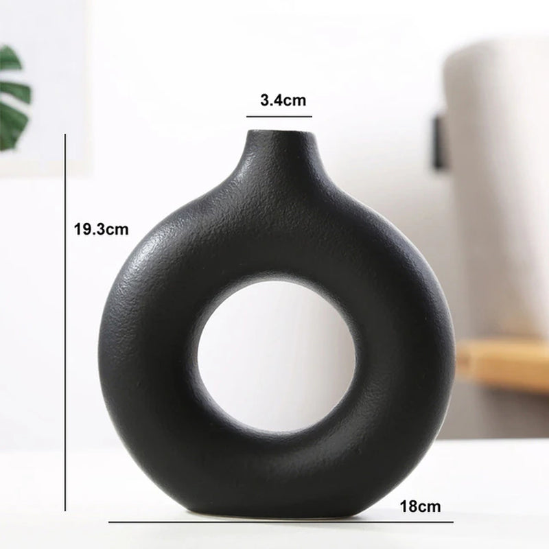 Nordic Vase Circular Hollow Ceramic Donuts Flower Pot Home Living Room Decoration Accessories Interior Office Desktop Decor Gift