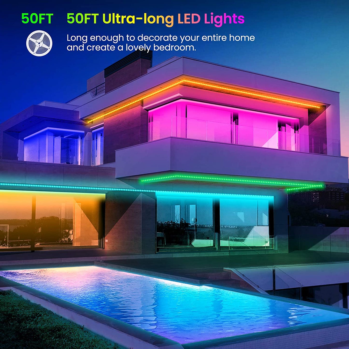 Colorful 50ft LED Strip Lights with Bluetooth Music Sync - Control with App or Remote!